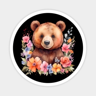 A brown bear decorated with beautiful watercolor flowers Magnet